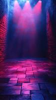 Dramatic lighting illuminates an empty performance space in vibrant colors photo