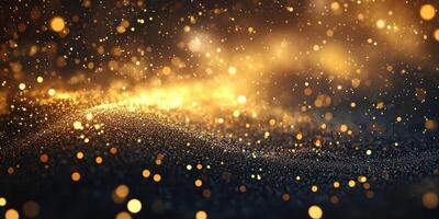 Shimmering golden particles illuminate a dark background, creating a mesmerizing and enchanting atmosphere during nighttime photo