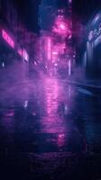 Neon-lit alleyway showcases vibrant urban nightlife in a rain-soaked cityscape during late evening hours photo