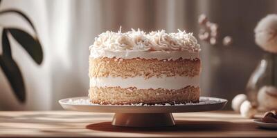 Delicious layered cake decorated with frosting and coconut on a wooden table in natural light photo