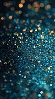 Glittering blue and gold particles create a magical backdrop for celebrations and artistic expressions photo