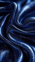 Soft blue satin fabric with shimmering glitter highlights creates an elegant and luxurious texture in this close-up view photo