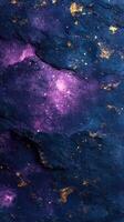Exploring a vibrant cosmic landscape with swirls of purple and gold against a deep blue background photo