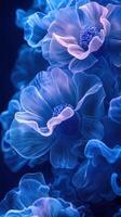 Vibrant blue flowers bloom with ethereal beauty in a soft, illuminated setting photo