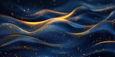Waves of shimmering blue and gold create an enchanting atmosphere in a cosmic fantasy setting during nighttime photo