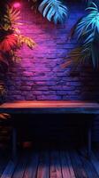 Vibrant plant decor with colorful lighting and a wooden table in a cozy atmosphere photo