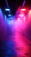 Vibrant neon-lit corridor with fog creating an immersive atmosphere in an urban setting at night photo