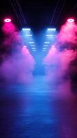 Colorful foggy corridor with vibrant lights at night creating a dramatic ambiance for events photo