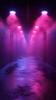 Mysterious corridor with purple lighting and fog effects in an urban setting photo