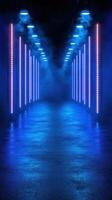 Vibrant neon lights illuminate a foggy corridor in an urban setting during nighttime hours photo