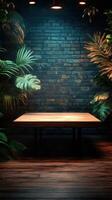 Elegant wooden table surrounded by lush greenery and dramatic lighting in a cozy indoor setting photo