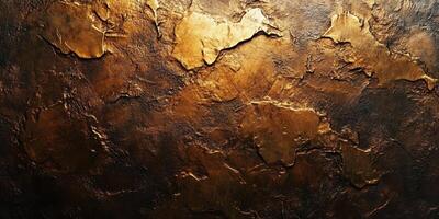 A textured metallic surface displays an abstract design, where intricate golden patterns contrast with dark shades photo