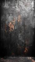 Textured black wall with cracks and rust accents creating an industrial style background for design projects photo