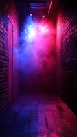 Mysterious alleyway illuminated by vibrant lights and colored smoke at night photo