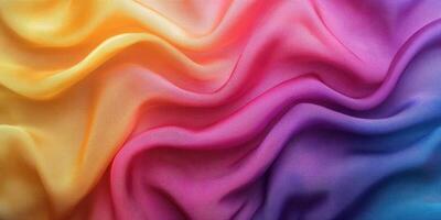 Colorful silk fabric with vibrant gradient blending from yellow to purple in soft folds and waves photo