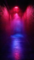 Mysterious alley illuminated by vibrant pink and blue lights with a foggy atmosphere at nighttime photo