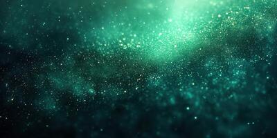 Glimmering green particles create a mesmerizing cosmic effect in a dark background photo