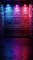 Colorful neon lights illuminate an urban brick wall in a dimly lit setting photo