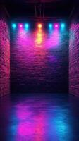 Vibrant nightclub interior with colorful lights reflecting on polished floor in urban setting photo