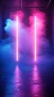Neon lights illuminate a fog-filled space, creating an atmospheric backdrop for artistic expression and performance art photo