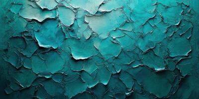 Textured surface of peeling turquoise paint showcasing intricate patterns and shadows in natural light photo