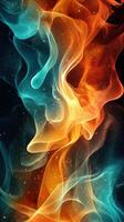 Colorful swirl of orange and blue light created by flowing abstract patterns in a dark background photo