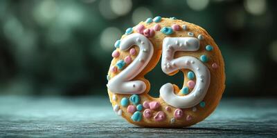 Decorative donut featuring number twenty-five with colorful frosting and sprinkles for a celebration photo