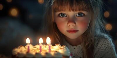 Child celebrating birthday with cake and candles in cozy indoor setting during nighttime photo
