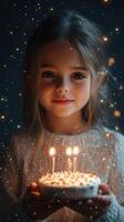 Young girl smiling while holding a birthday cake with candles in a softly lit setting during an evening celebration photo