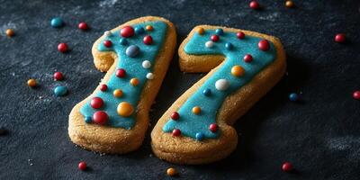 Sweet birthday cookies decorated with bright frosting and sprinkles for a festive celebration photo