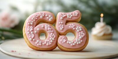 Decorative pink cookies shaped as the number 65 celebrate a special birthday on a wooden surface surrounded by greenery photo