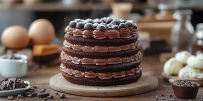 Delicious chocolate cake with layers, decorated with fresh fruit and frosting, prepared in a cozy kitchen setting during the afternoon photo