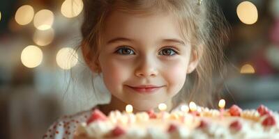 Girl celebrating birthday with a cake full of candles and fresh fruits in a warm, decorated setting photo
