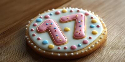 Decorative cookie with colorful icing and number seventeen, perfect for birthday celebrations or special occasions photo
