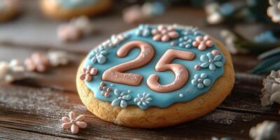 Decorative cookie with blue icing and flower designs celebrating milestone photo