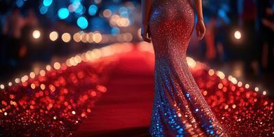 Elegant figure walks down a glimmering runway at a glamorous evening event in a festive atmosphere photo