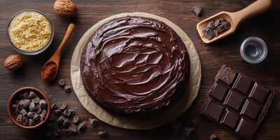 Chocolate cake preparation with ingredients arranged on a wooden table during afternoon baking session photo