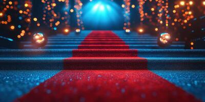 Stunning red carpet leading to a bright stage under shimmering lights in an elegant venue photo
