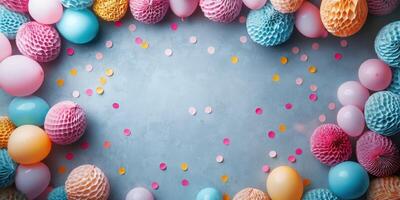 Colorful balloons and decorations create a festive atmosphere for a celebration photo