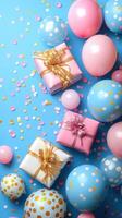 Colorful celebration setup with gifts and balloons on a blue background for a joyful event photo