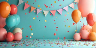 Colorful celebration setup with balloons, banners, and confetti in a festive atmosphere photo