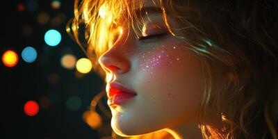 Young woman with shimmering makeup poses gracefully against a colorful bokeh backdrop during a nighttime celebration photo
