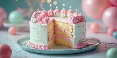Delicious cream cake with pink frosting and decoration at a festive celebration photo