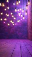 Vibrant setup with hanging lights in a purple-themed space ideal for creative events or gatherings photo