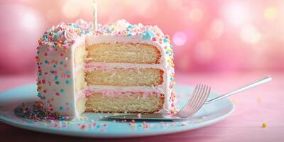 Celebrate with a delicious slice of colorful birthday cake adorned with sprinkles and a candle photo