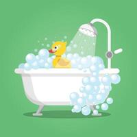 A cartoon duck taking a bath in a tub with soap bubbles vector