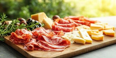 Charcuterie board with assorted meats, cheeses, and garnishes displayed in a natural setting during the afternoon photo