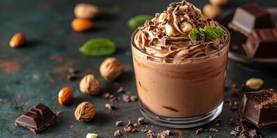 Decadent chocolate dessert with whipped cream and nuts served in a glass on a rustic table photo