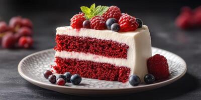 Delicious red velvet cake served on a decorative plate with fresh berries in a stylish setting photo