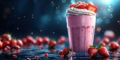 Refreshing strawberry milkshake served with fresh berries at a colorful summer event in a bright indoor setting photo